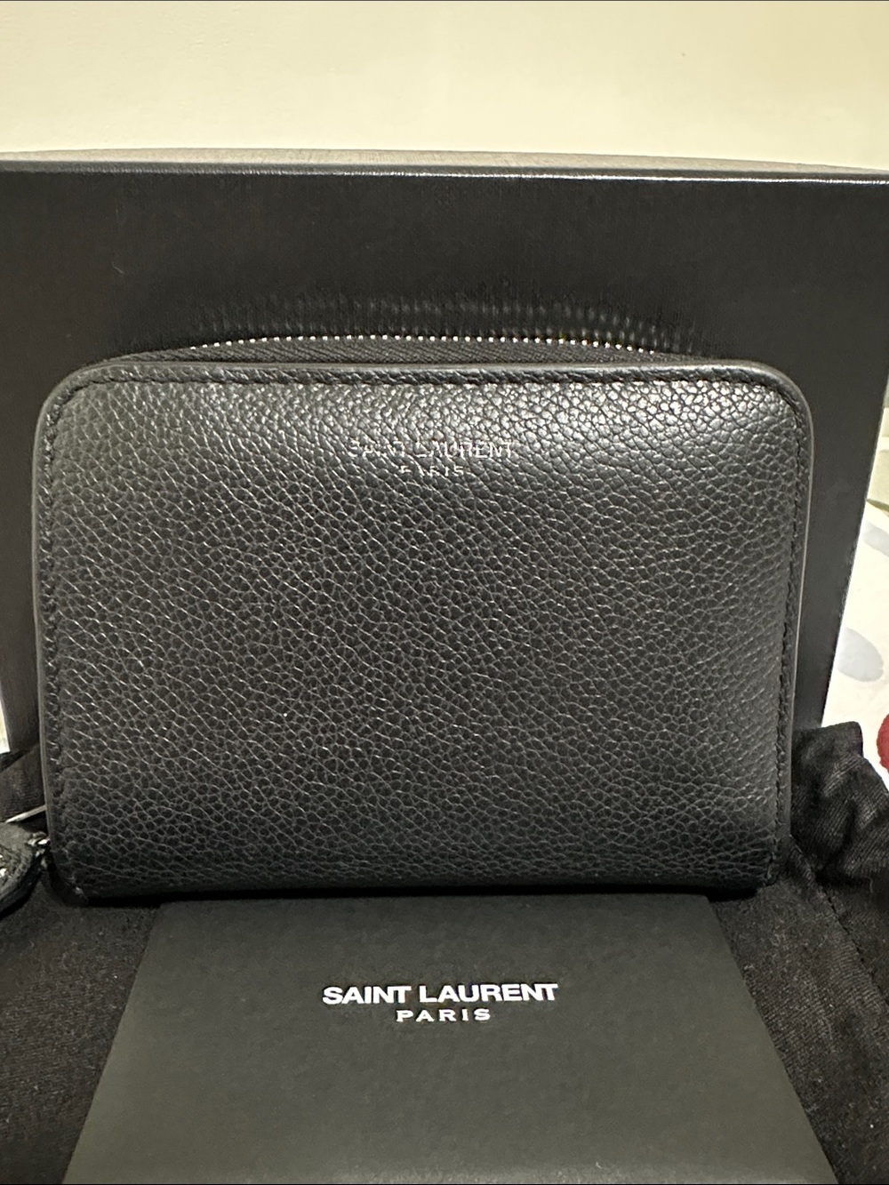 Saint Laurent Black Pebbled Leather Compact Zip Wallet